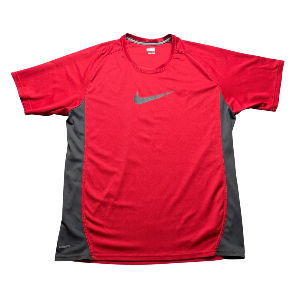 Nike Shirt Mens L Red Gray NikeFIT DRY Short Sleeve Athletic Swoosh Tee
